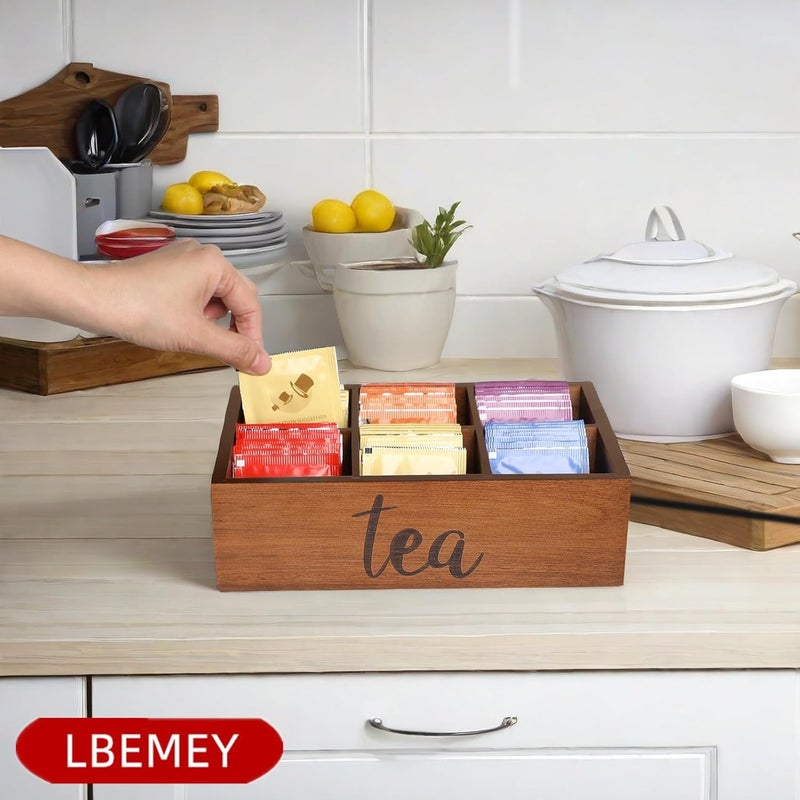 LBEMEY Tea Bag Organizer,Acacia Wood Tea Storage Containers with 6 Compartments, Sugar Packet Holder,Tea Bag Caddy Box for Cabinet Countertop Office (Brown-Labeled "Tea") - Image 2